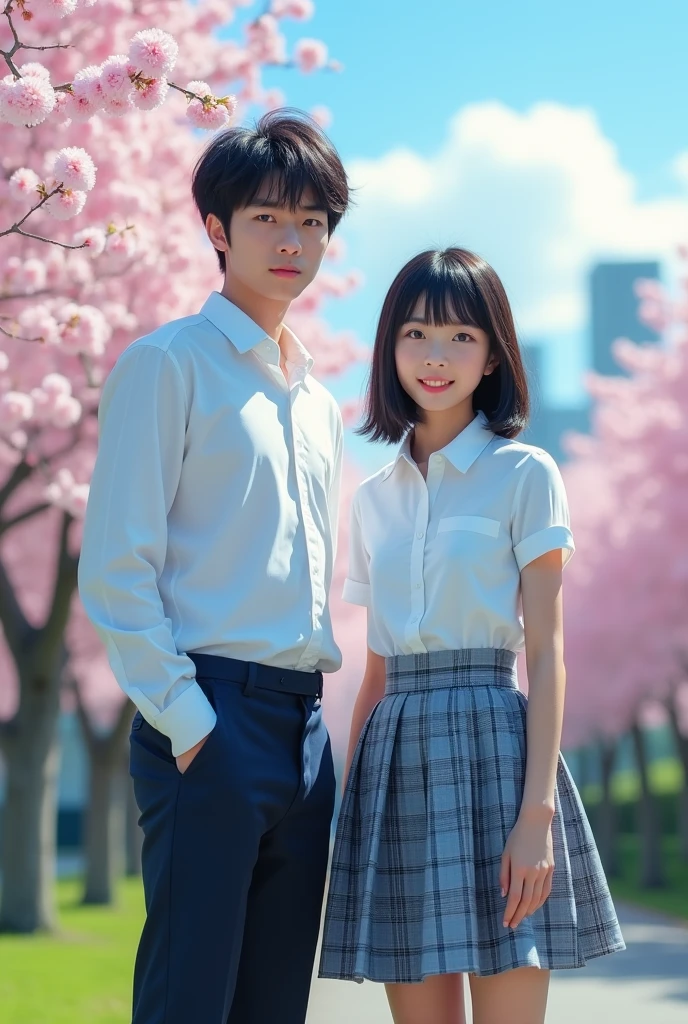 A picture of a Japanese high school girl with straight black hair and a tall handsome boy.。
The uniform is a white shirt。
The skirt is checkered in light blue, navy blue, and gray.。
The length of the skirt is shorter than above the knee, the hair is about waist length, the bangs are neatly trimmed and cover the eyebrows, like Nogizaka 46, seen from the right diagonal, height 180cm。 Model-like. Both of their faces are visible, so it's almost like a photograph.