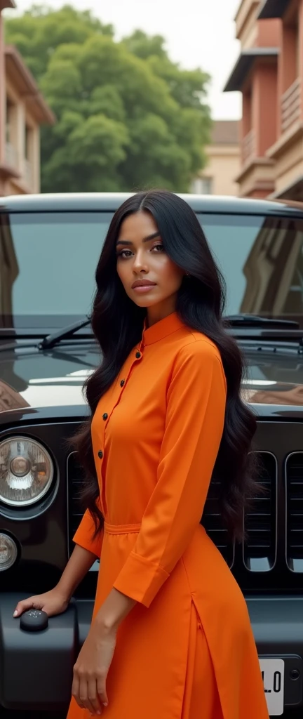 Generate a stunning bold female model with classic Indian features. She is 5’8” tall with fair, flawless skin and long, flowing black hair weight 60kg. Her eyes are large and expressive, with a warm brown color, framed by thick lashes. She has high cheekbones, a well-defined jawline, and full lips with a natural pink hue that enhances her beauty, making her the focal point of the image standing confidently next to a newly launched black Mahindra Thar 5 door in India . She is wearing outfit orange colour