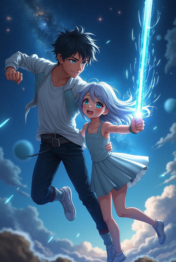 Create an anime image of a young man saving a girl next to him from a spear of light and he catches it with one hand.