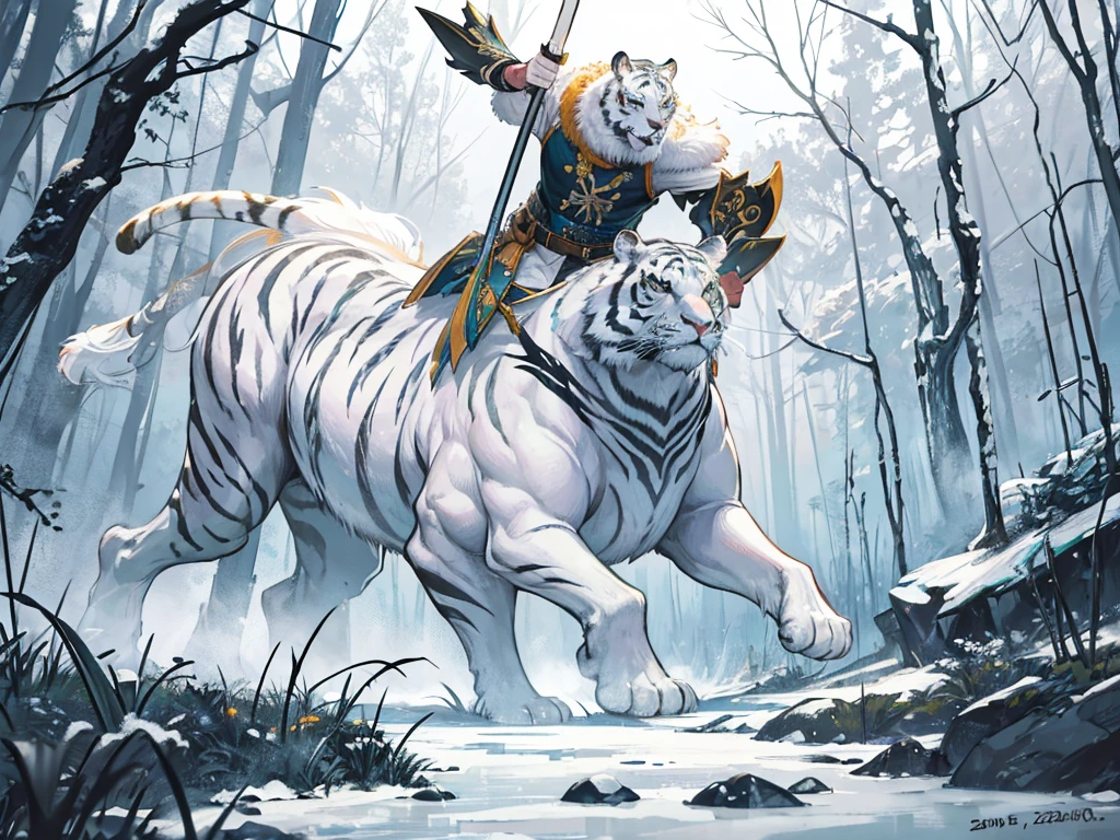 big white tiger standing in the swamp. a white-robed hunter with a bow riding the tiger proudly in the dense forest, foggy weather, tiger looks dashing and cool biting slime monster, there is snowfall in the forest, realistic, Bright colour, Zoom out, camera used cannon dslr camera. detail,