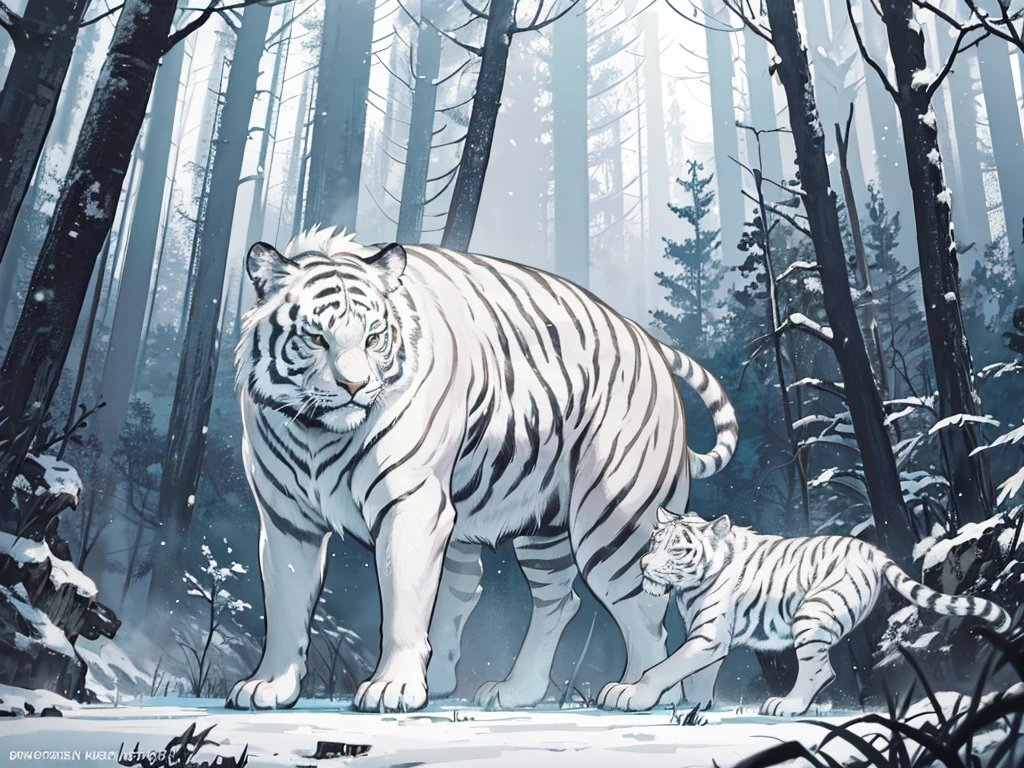 big white tiger standing in the swamp. a hunter with white hair carrying a bow riding the tiger proudly in the dense forest, foggy weather, tiger looks dashing and cool biting slime monster, there is snowfall in the forest, realistic, Bright colour, Zoom out, camera used cannon dslr camera. detail,