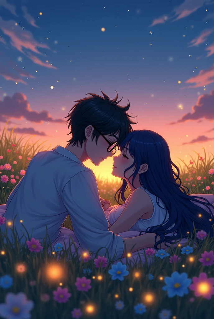 anime couple drawing, lying down, hugged, the man with short black hair and glasses and the woman with long navy blue hair