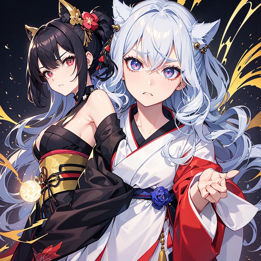 She is a human, she is a woman, She has a kimono and she is angry and she has short, curly hair. His eyes are blue with a star in his eyes, and the other left eye is a black one with many studs in its eyes. He has a serious and upset face.