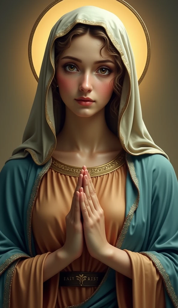 Beautiful Virgin Mary gazing at the camera with moist eyes, whole body, Reddish beige tunic with blue cloak and veil , Daytime, Halo