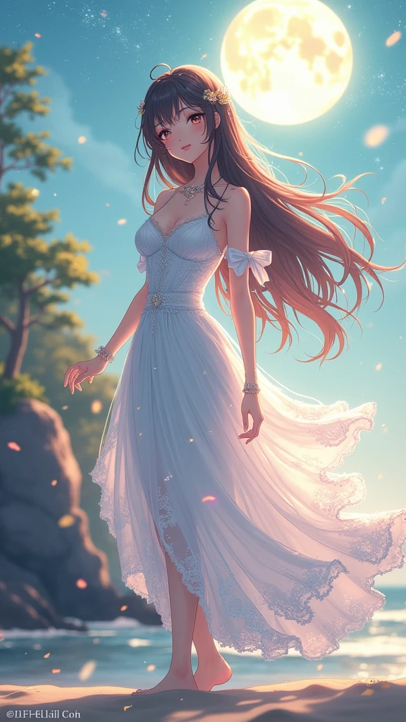 (masterpiece、Highest quality、8k、High resolution)、One female、(Beautiful Face、Beautiful Face)、Beautiful eyes、Beautiful lips、Beautiful nose、Brown-black hair、(The best girl in anime)、Sandy beach with a view of the forest、A bright night with stars visible、full moon、milky way、体whole bodyから神秘的な光の粒子、Colorful light particles、A mysterious light glowing around the head、melt、jewelry、necklace、dress、(whole body)、Highly detailed anime art、A complete portrayal、