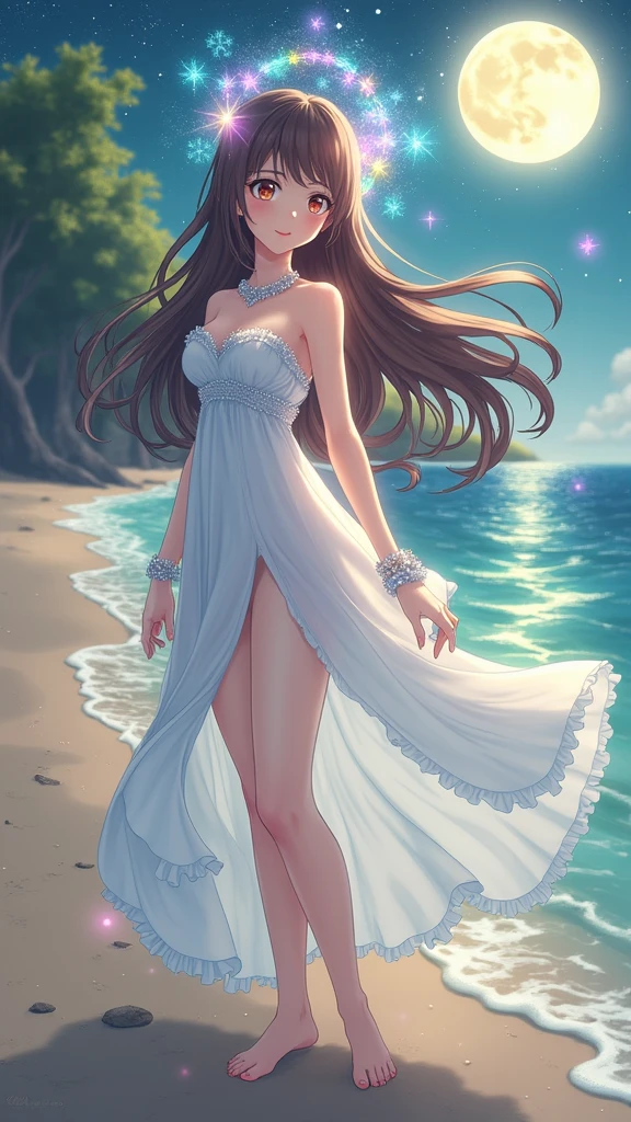 (masterpiece、Highest quality、8k、High resolution)、One female、(Beautiful Face、Beautiful Face)、Beautiful eyes、Beautiful lips、Beautiful nose、Brown-black hair、(The best girl in anime)、Sandy beach with a view of the forest、A bright night with stars visible、full moon、milky way、体whole bodyから神秘的な光の粒子、Colorful light particles、A mysterious light glowing around the head、melt、jewelry、necklace、dress、(whole body)、Highly detailed anime art、A complete portrayal、