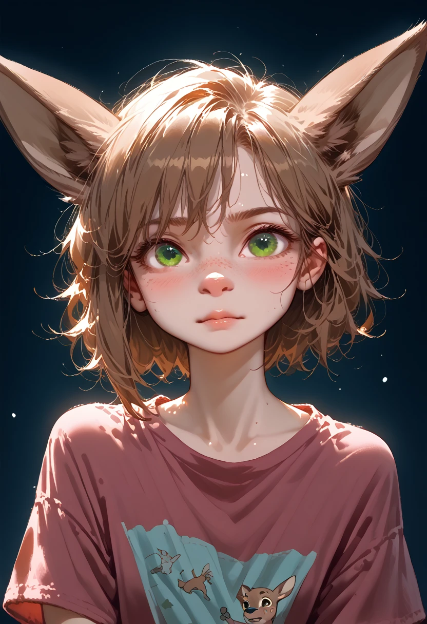 lotte, deer girl, furry female, body fur, animal nose, snout, animal ears, green eyes, brown hair, short hair, freckles,