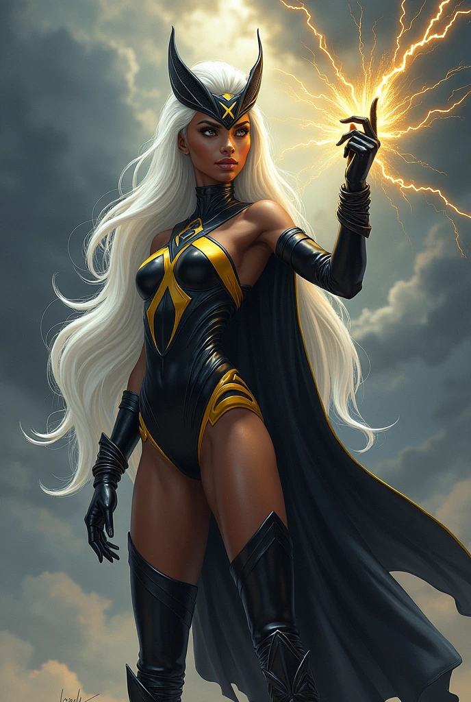Black american girl, long white hair, beautiful, huge breasts, black headpiece, black leotard, gloves and boots, black cape, yellow and silver lines, x symbol, controling lightning