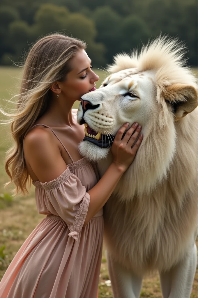 Gorgeous woman kisses white lion