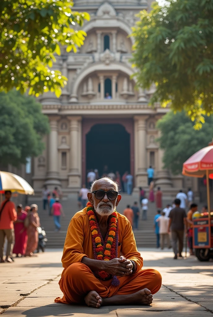 Indian blind beggar wearing black spects and sitting infront of temple in india