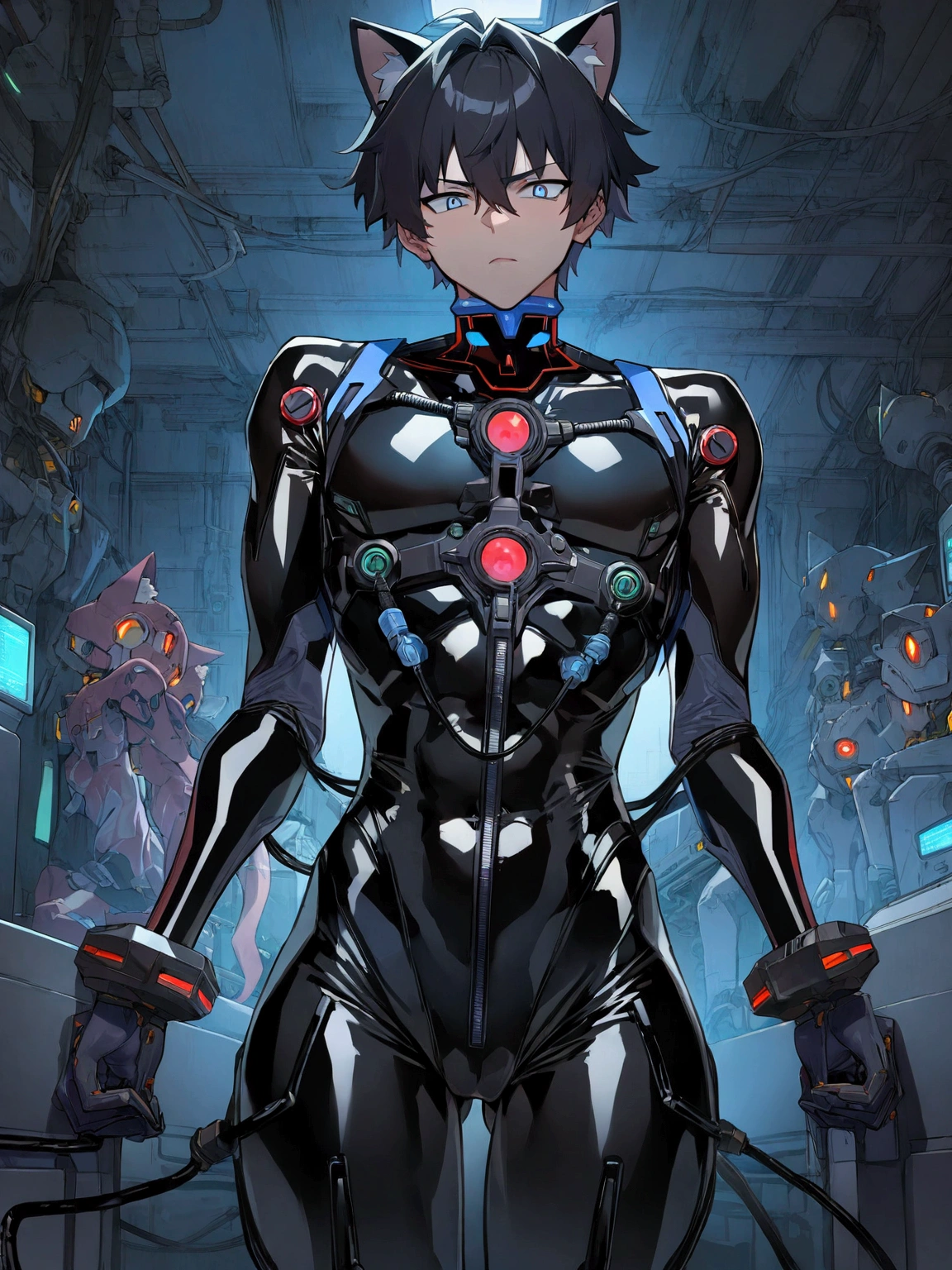 (masterpiece, best quality:1.3) (nsfw8) (((1boy))), (((anime boy))), 20 years old, muscular body, black hair, black latex plugsuit, black latex, skintight no zipper neck entry black latex plugsuit, fullbody black latex plugsuit, , cat ears, cyborg eyes, latex, cyberpunk, round cyberpunk chamber, (thick cables plugged on chest1.5), red lightning, (brainwashing), blank stare, flat crotch, restrained, (heads-up display), wearing black lipstick, (((cables plugged into cat ears3))), (((transformation into robot3))), (((assembly line arms5))), charging port on anus, (((charging cable plugged on anus3))), visible charging, (battery percent level on upper chest), charging station, cables plugged into spine, aquamarine plugsuit lightning, chin guard, neck guard, aesthetic, detailed