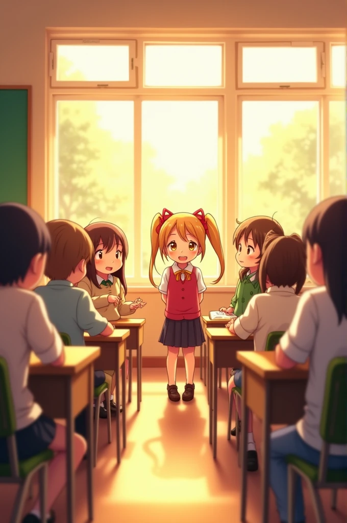 

[A group of students in a classroom setting,  with a playful and friendly atmosphere], [3D rendering,  anime style], [Studio Ghibli-esque lighting and color palette], [Soft focus, warm lighting,  a slight glow around the characters,  a backdrop of a brightly lit classroom with large windows,  and a subtle texture to the surfaces].

