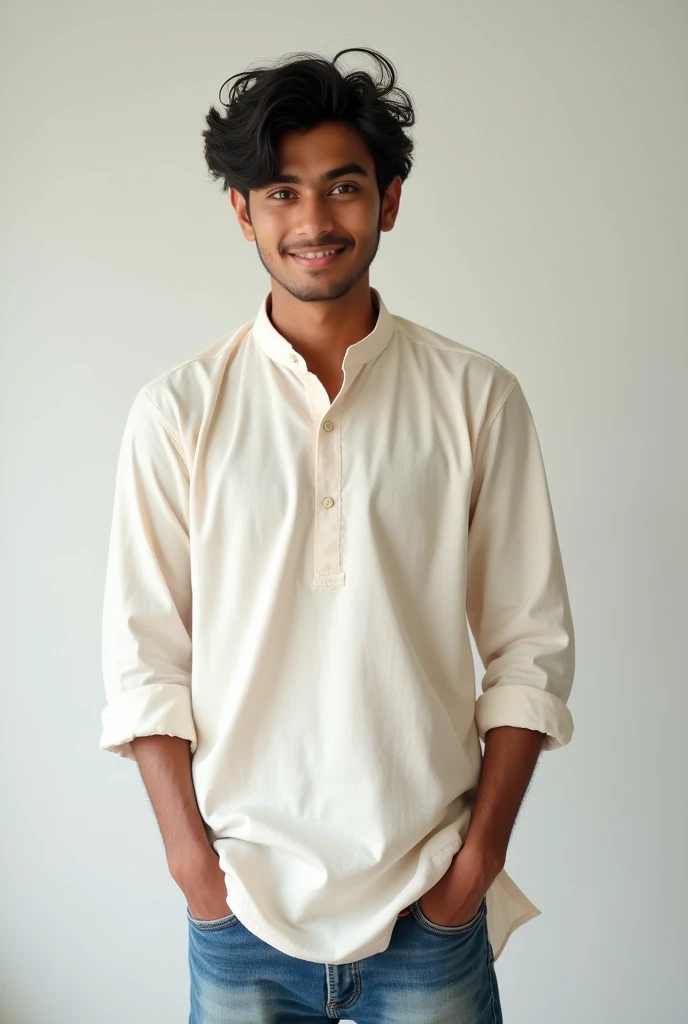 A young Indian male, likely between 18 and 22 years old, with a excited face looking at camera, dressed in casual college attire, possibly a plain white or light-colored kurta paired with worn jeans, sitting or standing in a simple, uncluttered background, with a subtle, warm smile that conveys a sense of approachability, his dark brown eyes cast downward, with a slight squint, as if lost in thought, his hair messy and unkempt, with a few stray strands falling across his forehead, his skin tone a warm, golden brown, with a slight scattering of light acne on his cheekbones, his nose slightly upturned, and his eyebrows thick and expressive, conveying a sense of innocence and freshness.
