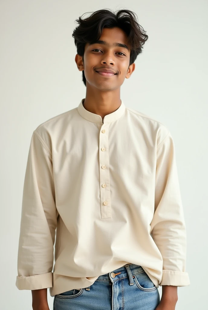 A young Indian male, likely between 18 and 22 years old, with a excited face looking at camera, dressed in casual college attire, possibly a plain white or light-colored kurta paired with worn jeans, sitting or standing in a simple, uncluttered background, with a subtle, warm smile that conveys a sense of approachability, his dark brown eyes cast downward, with a slight squint, as if lost in thought, his hair messy and unkempt, with a few stray strands falling across his forehead, his skin tone a warm, golden brown, with a slight scattering of light acne on his cheekbones, his nose slightly upturned, and his eyebrows thick and expressive, conveying a sense of innocence and freshness.