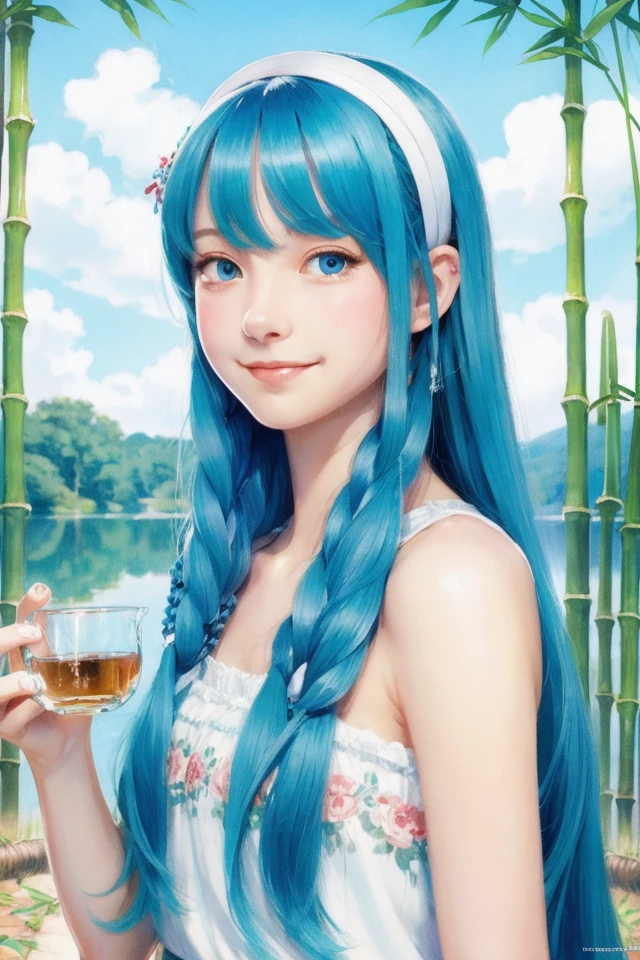 Masterpiece, Best Quality, Official Art, 8k Wallpaper, Very Detailed, Illustration, 1 Girl, Sky Blue Hair, Long Hair, Detailed Eyes, Forrest Gump, Bare Shoulders, Hanfu, Lake, Pure, Soft Smile, bamboo, tea