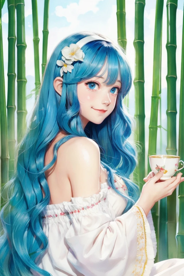Masterpiece, Best Quality, Official Art, 8k Wallpaper, Very Detailed, Illustration, 1 Girl, Sky Blue Hair, Long Hair, Detailed Eyes, Forrest Gump, Bare Shoulders, Hanfu, Lake, Pure, Soft Smile, bamboo, tea