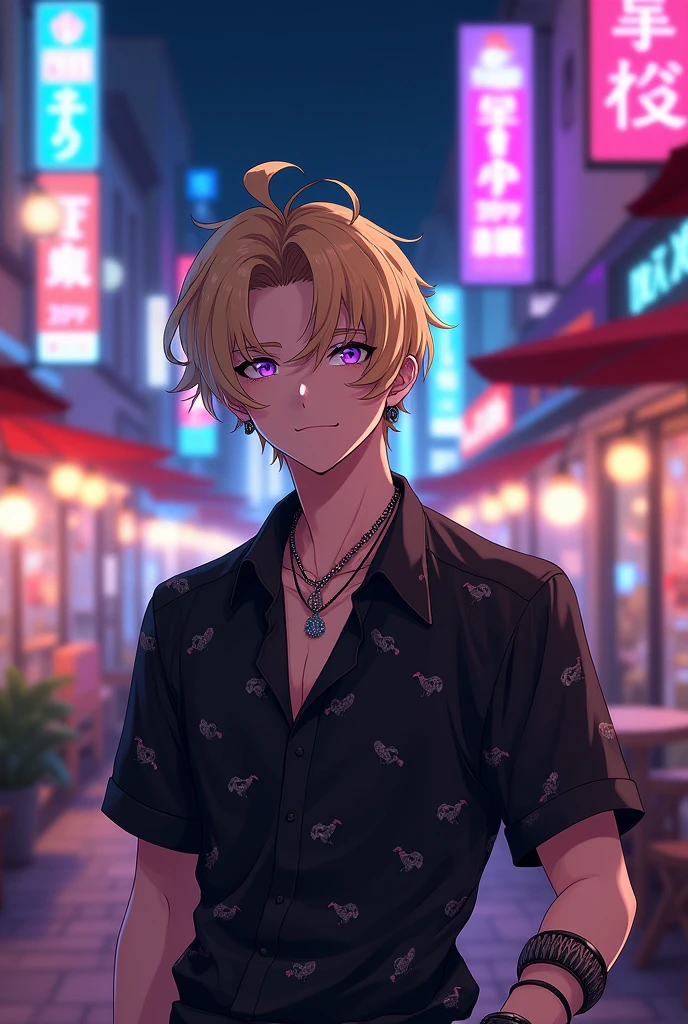 Anime boy with a untidy blonde hair and pale purple eyes wearing a black shirt and earrings and bracelets sand necklace standing in a beautiful street at night in the age of 18