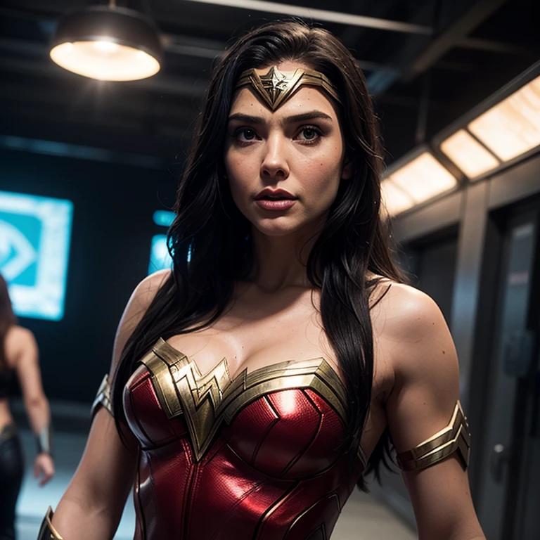 movie scene, DC Wonder Woman close-up, Distorted Space, Twisted undead in the background, glare, Light shafts, complex parts, high detail, Volumetric lighting, 4K rendering, Spare photo, hyperrealistic, realistic textures, dramatic lighting, unreal engine
