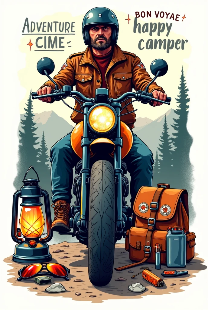 Create a vector illustration of a collection of camping-themed elements, including a motorcycle rider, a backpack, a lantern, a knife, a lighter, sunglasses, a fuel can, and various text-based labels like "Adventure," "Bon Voyage," "Happy Camper," and "Mountain View." The illustration should have a vintage, retro style with bold colors and thick lines. Consider using a white background to make the elements stand out.