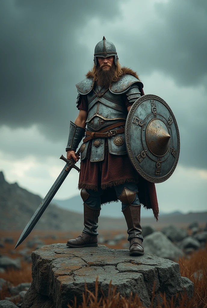 A young viking warrior with his full armor ,full body, standing straight, standing on a rock in a battle field, a viking sword on his hand , a viking metal helmet on his head, a viking shield on his other hand , real image, dark clouds on sky