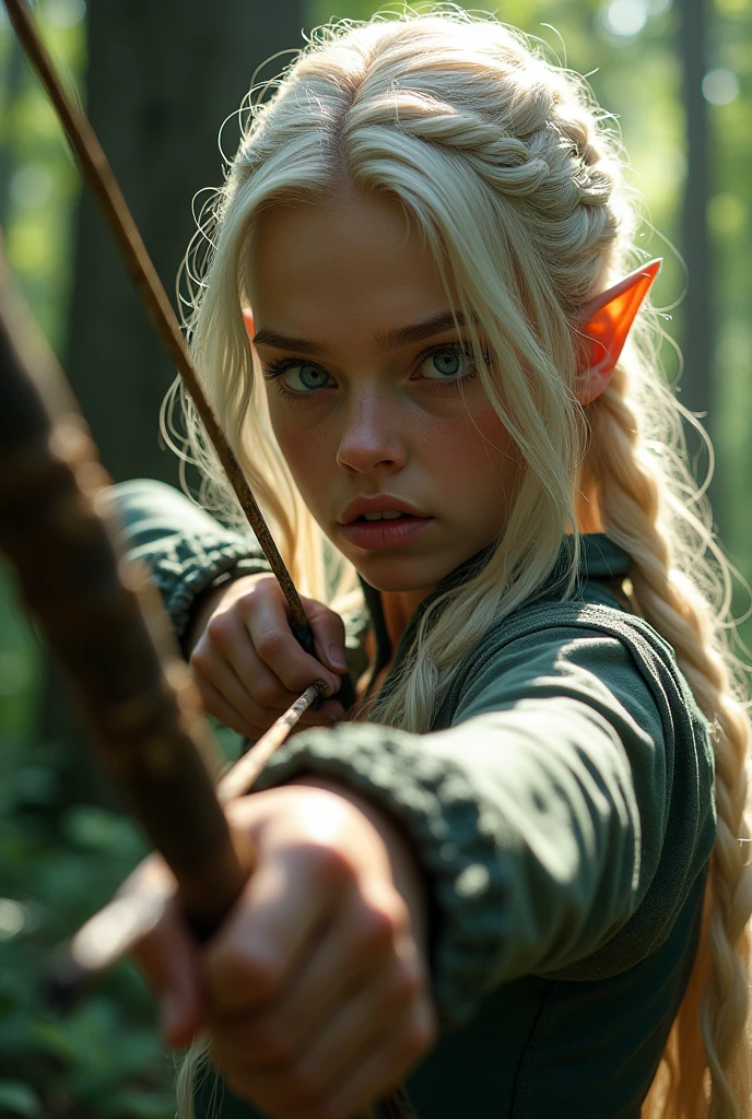 Super realistic, 1 Elven teenage girl, Elven Archer, solo, upper body, Single Long braided Platinum Blonde hair, parted bangs, forehead, blue eye, Holding a mystical bow, setting an arrow and pulling the string towards the viewer. An expression of anger against those who destroy sacred groves. Adds a mysterious light particle effect to the tip of the arrow.Accurate depiction of the bowstring. Mysterious forest, sunlight scattering, bokeh effect, depth of field, hyper Realistic, Professional photography, Cinema Lighting