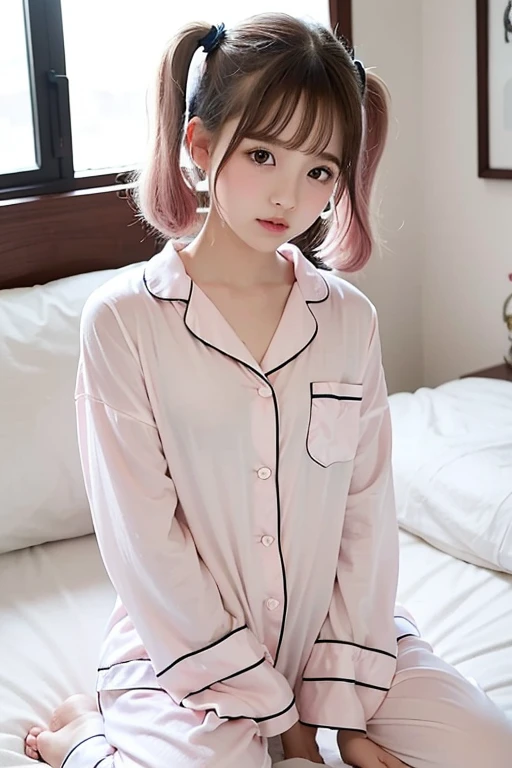  Cute Teens Small, throw,  Looking at the camera, short hair,Pigtails hairstyle, Colored Hair, Pale pinkish white skin,  Fly away, Captivating look, Sensual, Small and cute, shy, High resolution, 4K, Showing her little pussy、(( Wearing pajamas)), stuffed toy, 、,