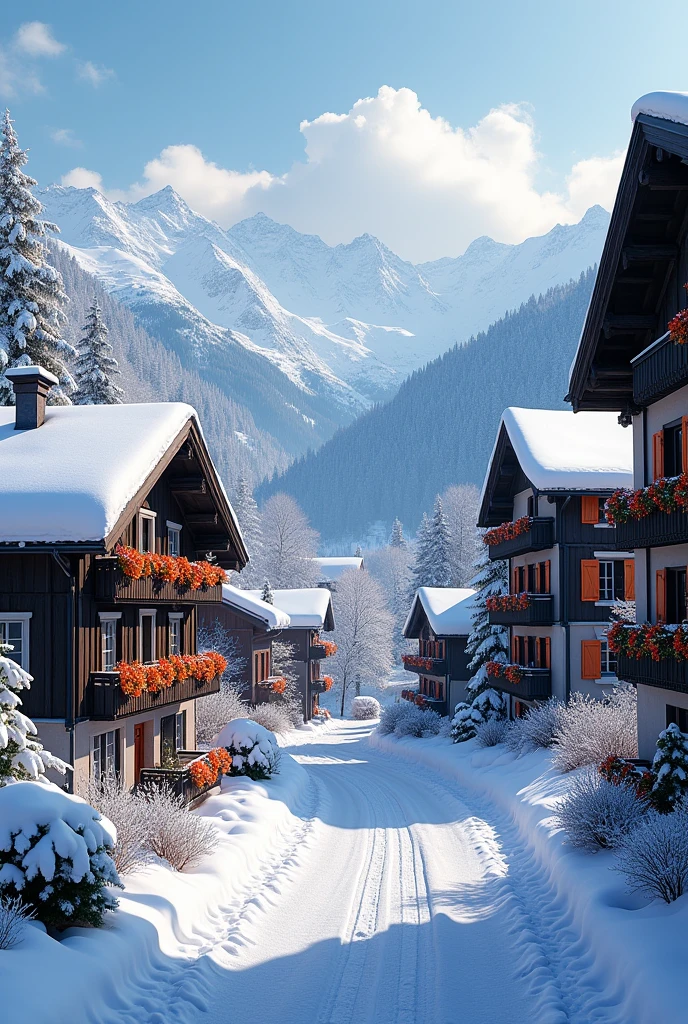 Generates a winter landscape inspired by Switzerland, showing a small alpine village covered in fresh snow. The houses have typical Swiss architecture., with sloping roofs to withstand snow, dark wood walls, and large windows with decorative shutters. Some houses have balconies decorated with mac