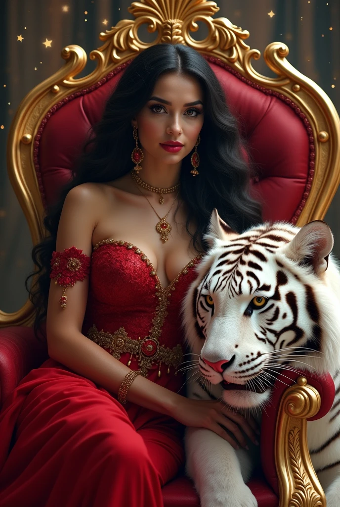 "Arabian princess in red-purple attire, goddess face, beautiful face,sexy body, huge breast, berfect body, cascading black  long hair, piercing eyes, alluring smile, reclining seductively on a majestic throne, accompanied by a magnificent white tiger, amidst an enchanting mystical backdrop."