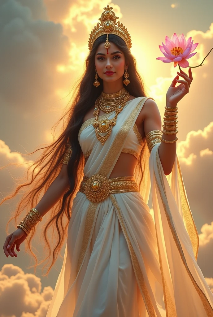 Show indian goddess in a majestic pose, with a crown on her head. holding a lotus flower, in hand symbolizing purity and beauty. Traditional Indian dress white colour