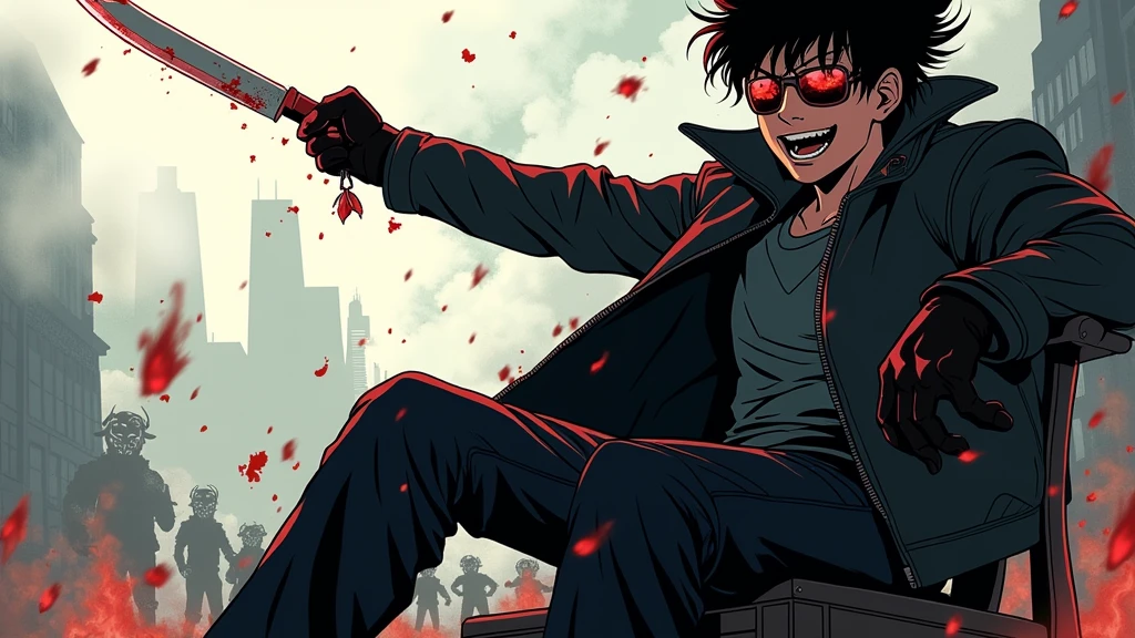 ((illustration)), (best quality)), ((masterpiece)), (detailed), teenager, 1male, black hair, jacket, black gloves, coat, sunglasses, leather, solo, anime, city, night, flat color, demons, snakes, monsters, chair, holding knife, glowing eyes, smoke, bloody, blood on clothes, blood on face, crazy smile, war, chaos, cinematic, epic, comic, fire, explosion,