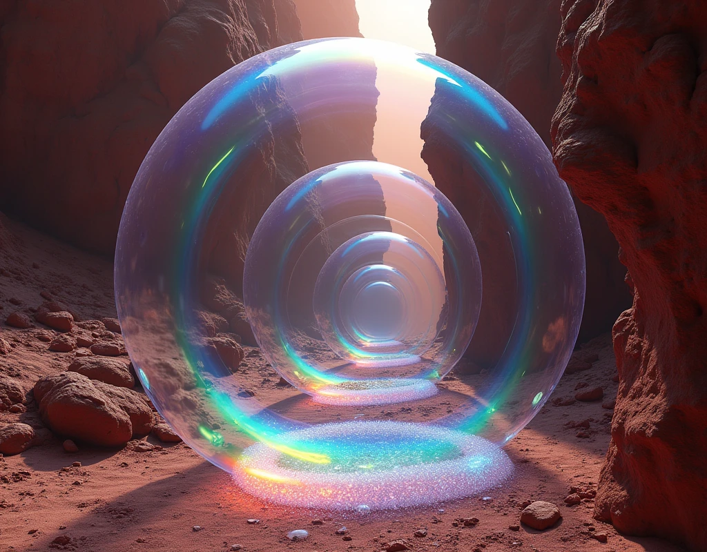 there is a veiny dark bubble growing in a rift between two martian land masses, the bubble anchored itself to rift walls, and climbing higher, astronauts are witnessing it for the first time, ethereal rainbow bubbles, iridescent soapy bubbles, ethereal bubbles, bubble, foamy bubbles, soap bubbles, rainbow bubbles, air bubbles, water bubble, magic bubble barrier, bubbles rising, huge bubbles, liquid sculpture, magic bubble barrier, bubbles rising, huge bubbles, bubbly closed cell foam and froth at the base of the bubble, the main structure can be seen from satellite pictures, viewer and astronauts are inside a terraformed alien bubble. the biological membrane of the bubble surface is reminiscent of botanotech from series raised by wolves,
there is a veiny dark membrane growing in a rift between two martian land masses, the membrane is air tight and anchored itself to rift walls, and climbing higher, ethereal rainbow membrane, iridescent soapy membrane, ethereal membrane, membrane, foamy membrane, soap membrane, rainbow membrane, membrane air bubbles, water bubble, magic membrane barrier, bubbles rising, huge membrane, liquid sculpture, magic membrane barrier, membrane rising, huge membrane, membrane closed cell foam and froth at the base of the bubble, the main structure can be seen from satellite pictures, viewer and astronauts are inside a terraformed alien membrane. the biological membrane of the bubble surface is reminiscent of botanotech from series raised by wolves,