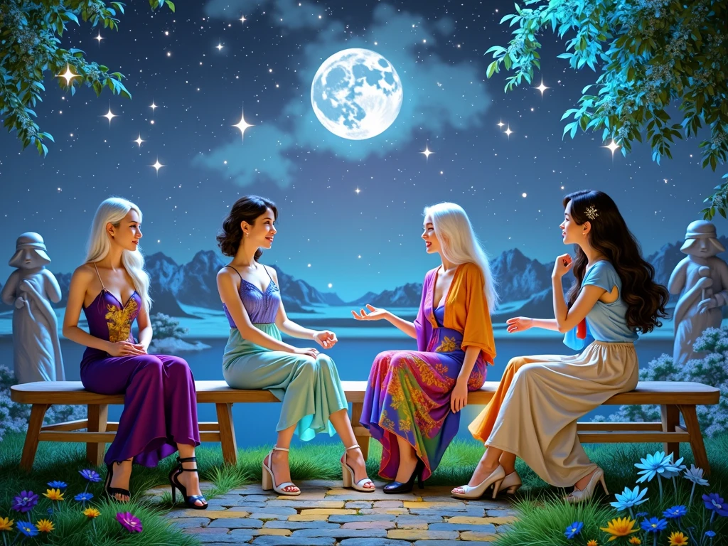一个Full of tranquility的迷人夜景,Starry Sky,(Four women with different looks and personalities are sitting comfortably on a wooden bench:1.5),Talking passionately,(There are white girls,Asian Girls,Middle Eastern Girls and Hispanic Girls),The silver moon shone softly on them,The sky spreads out like velvet dipped in ink,Dotted with countless twinkling stars,These stars look like celestial gems scattered across the vast canvas of the universe.,The air around them is fresh,Full of tranquility,Filled with the quiet intimacy of their shared time,Their surroundings are bathed in the soft glow of the stars and the moon.,Providing just enough light to illuminate their faces and the intricate details around them,,Create a dreamy、Almost surreal atmosphere,(8k,Bright colors,Bright,Ultra high saturation,rgb, Colorful),(High contrast:1.5),(whole body:1.8), magazine photography,Popular on social platforms,((Dopamineism)),(((Dopamine color matching))),Dopamine,(in the style of Y2K),Luo Erchun,Three-dimensional ancient style,Oriental poetry and painting