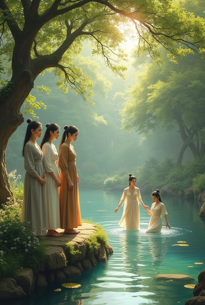Create a realistic image from the Tang Dynasty era ,The first woman in a grey villager's dress , The second woman in white villager clothes , The third woman in brown villager clothes, the three of them looked at their thirty-year-old husband standing with a young woman in white in the garden behind the mansion in the middle of the forest, playing in the clear water in the pond with their naked bodies.