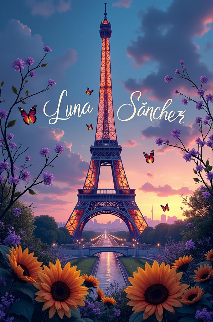 You can create an image of the Eiffel Tower with the name Luna Sánchez, that has purple butterflies and references with sunflowers