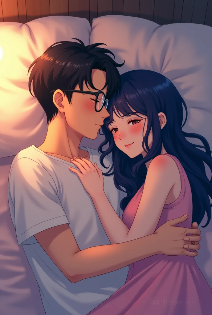 anime couple drawing, lying in bed , hugged, the man with short black hair and glasses and the woman with long navy blue hair