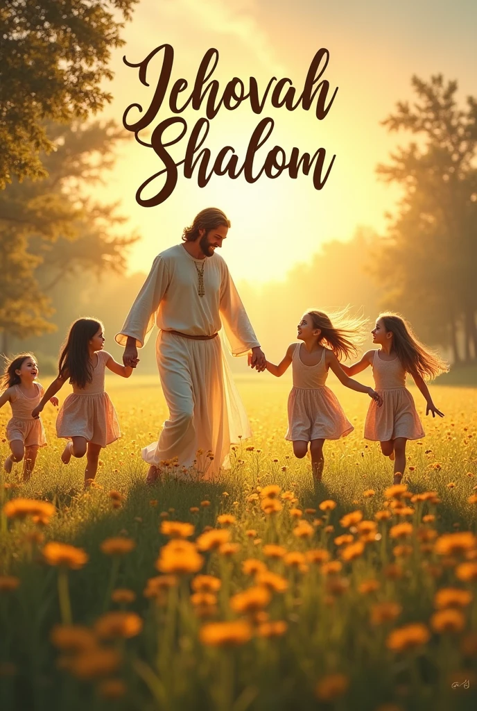 Children playing with Jesus, excitedly, and at the top a title which says, jehova shalom