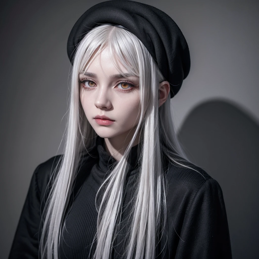 A woman with long, straight white hair, accompanied by a fringe. His eyes are blood red, piercing anyone with his gaze. Your features being sharpened, having an almost frightening beauty. Wears a detailed black beret on his head, your clothes being stylish and beautiful.