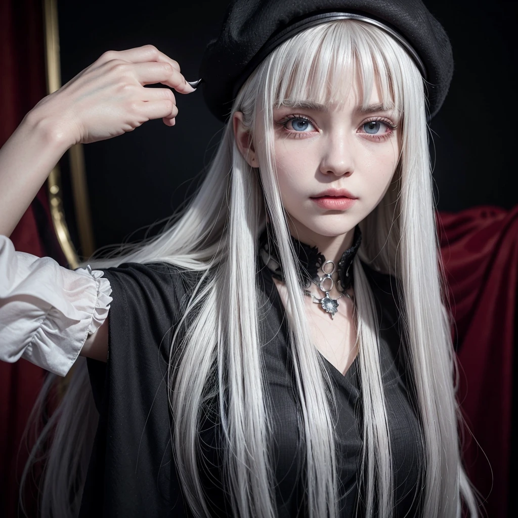 A woman with long, straight white hair, accompanied by a fringe. His eyes are blood red, piercing anyone with his gaze. Your features being sharpened, having an almost frightening beauty. Wears a detailed black beret on his head, your clothes being stylish and beautiful.