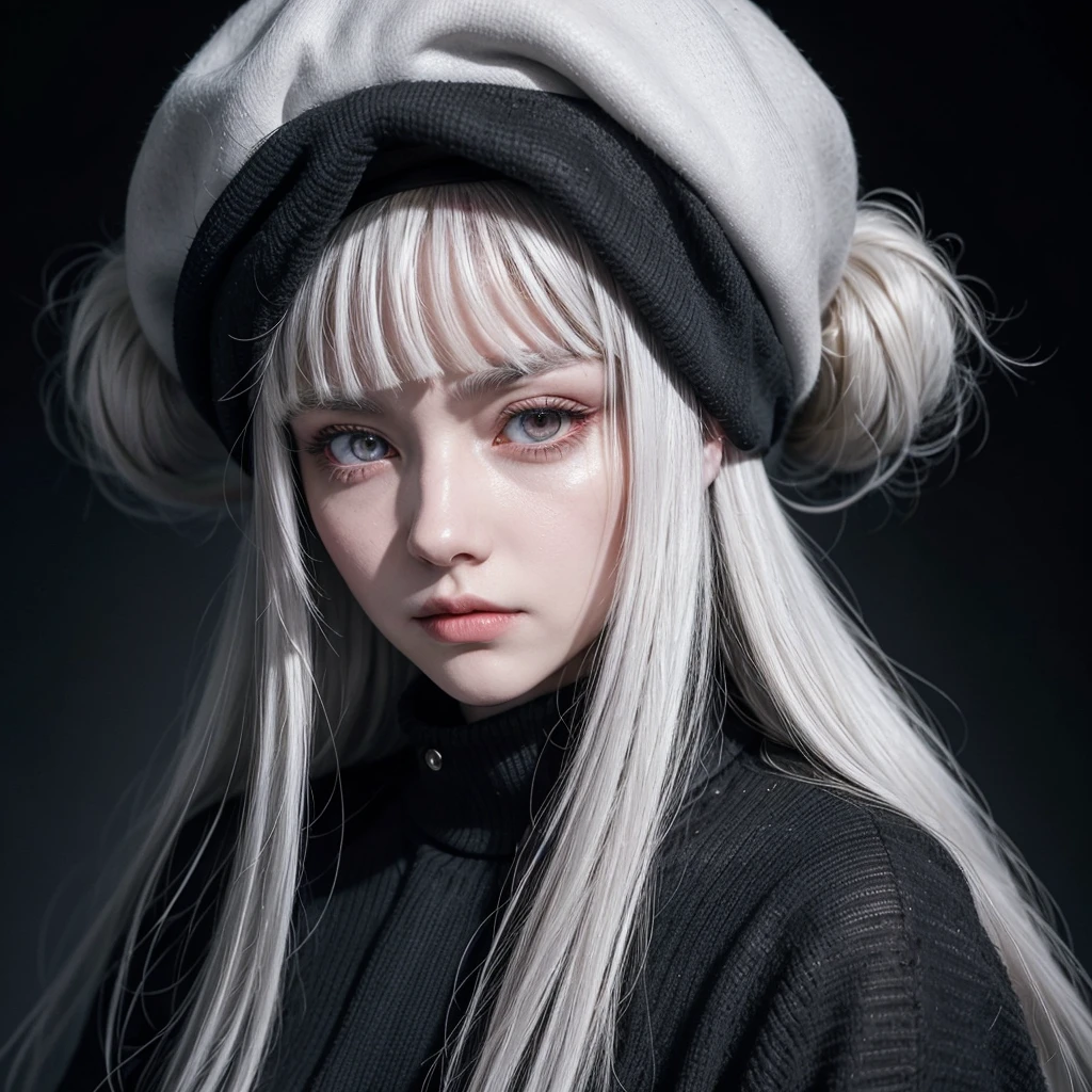 A woman with long, straight white hair, accompanied by a fringe. His eyes are blood red, piercing anyone with his gaze. Your features being sharpened, having an almost frightening beauty. Wears a detailed black beret on his head, your clothes being stylish and beautiful.