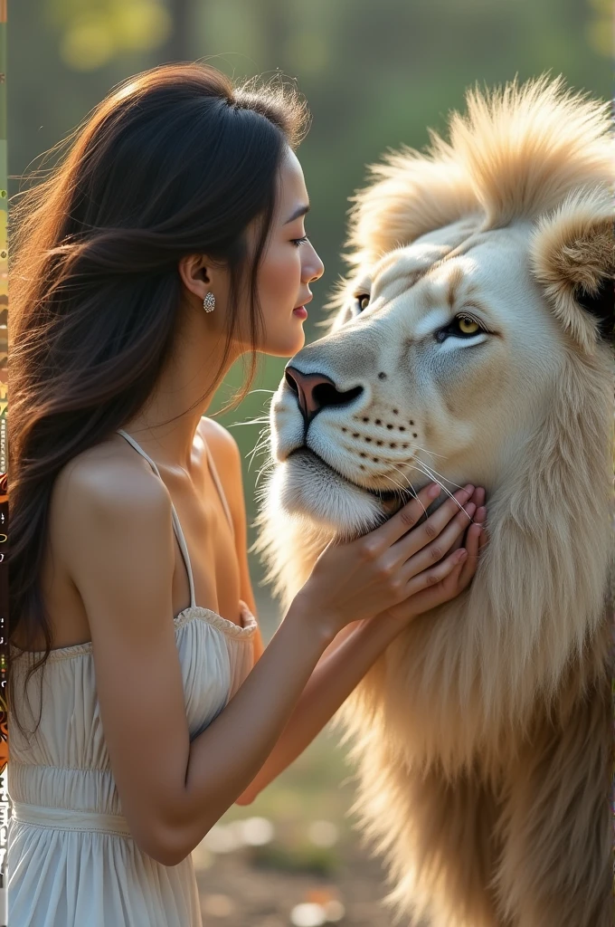 Gorgeous Asia woman kisses white lion