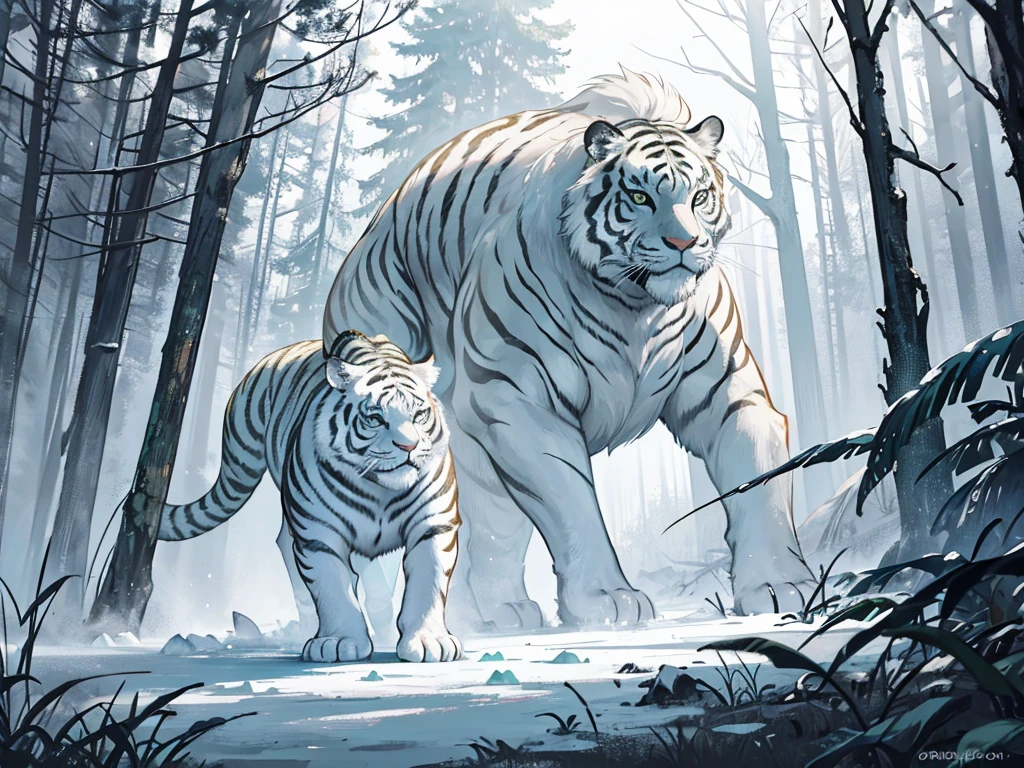 big white tiger standing in the swamp. a hunter with white hair carrying a bow riding a tiger proudly, dense forest, foggy weather, tiger looks dashing and cool biting slime monster, there is snowfall in the forest, realistic, Bright colour, Zoom out, camera used cannon dslr camera. detail.