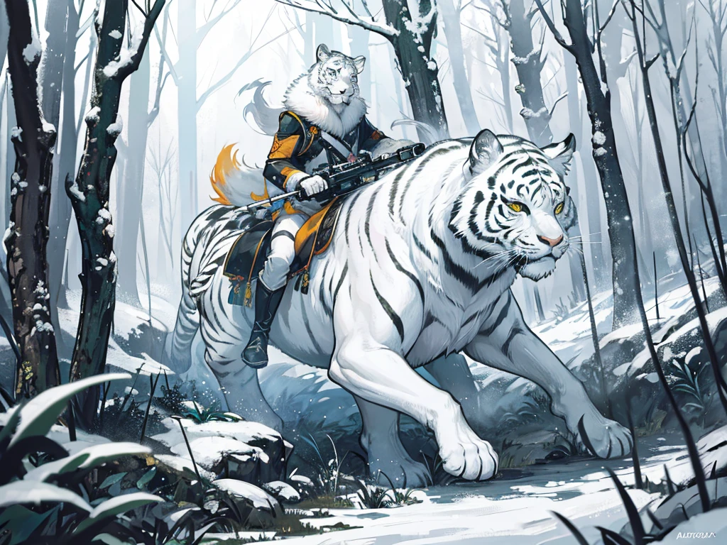 big white tiger standing in the swamp. a hunter with white hair carrying a bow riding a tiger proudly, dense forest, foggy weather, tiger looks dashing and cool biting slime monster, there is snowfall in the forest, realistic, Bright colour, Zoom out, camera used cannon dslr camera. detail.