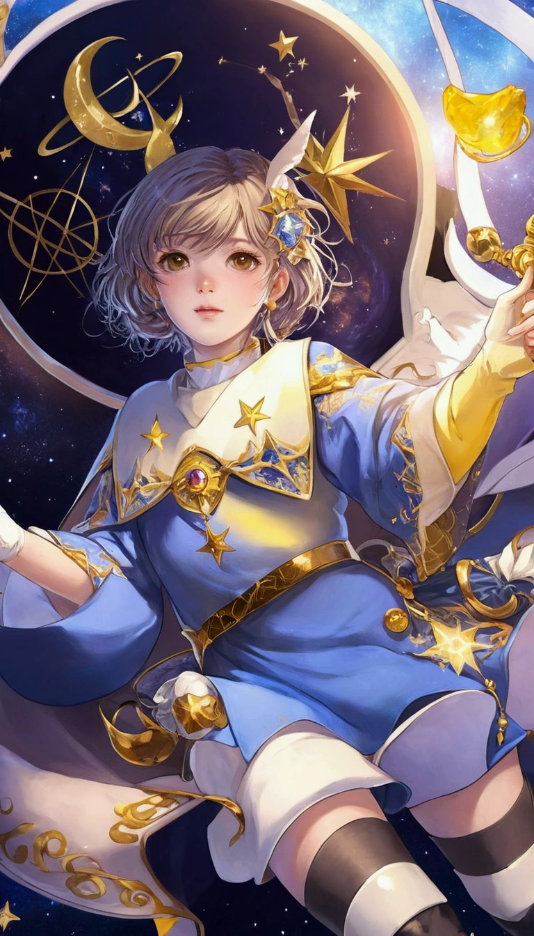 girl in a blue dress holding a yellow object, beautiful celestial mage, portrait knights of zodiac girl, ,, astral fairy, wearing star filled mage robes, cardcaptor sakura, detailed,, astral witch clothes, highly detailed ,, masterpiece, best quality, ultra realistic,