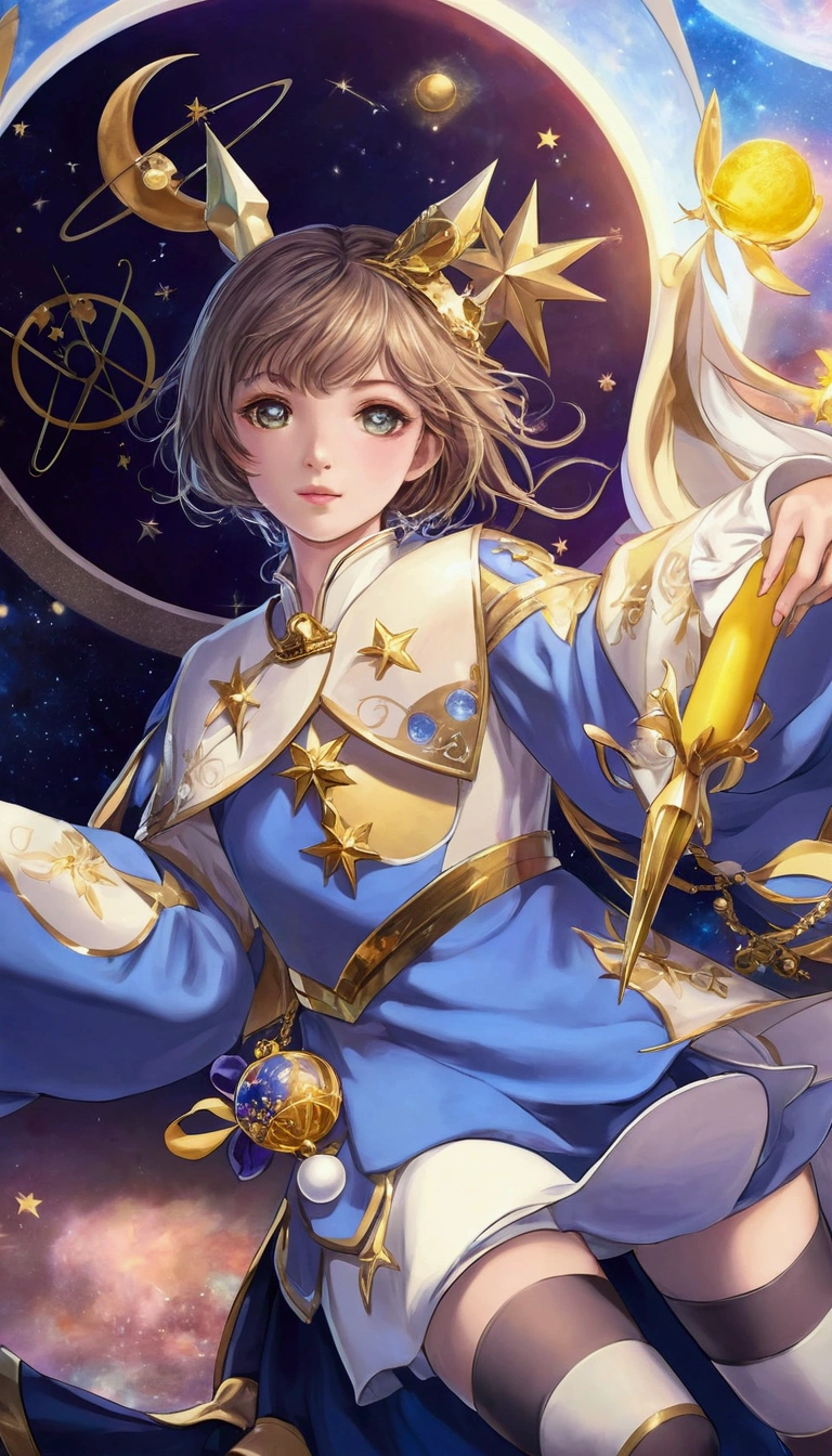 girl in a blue dress holding a yellow object, beautiful celestial mage, portrait knights of zodiac girl, ,, astral fairy, wearing star filled mage robes, cardcaptor sakura, detailed,,  astral witch clothes, highly detailed ,, masterpiece, best quality, ultra realistic, 