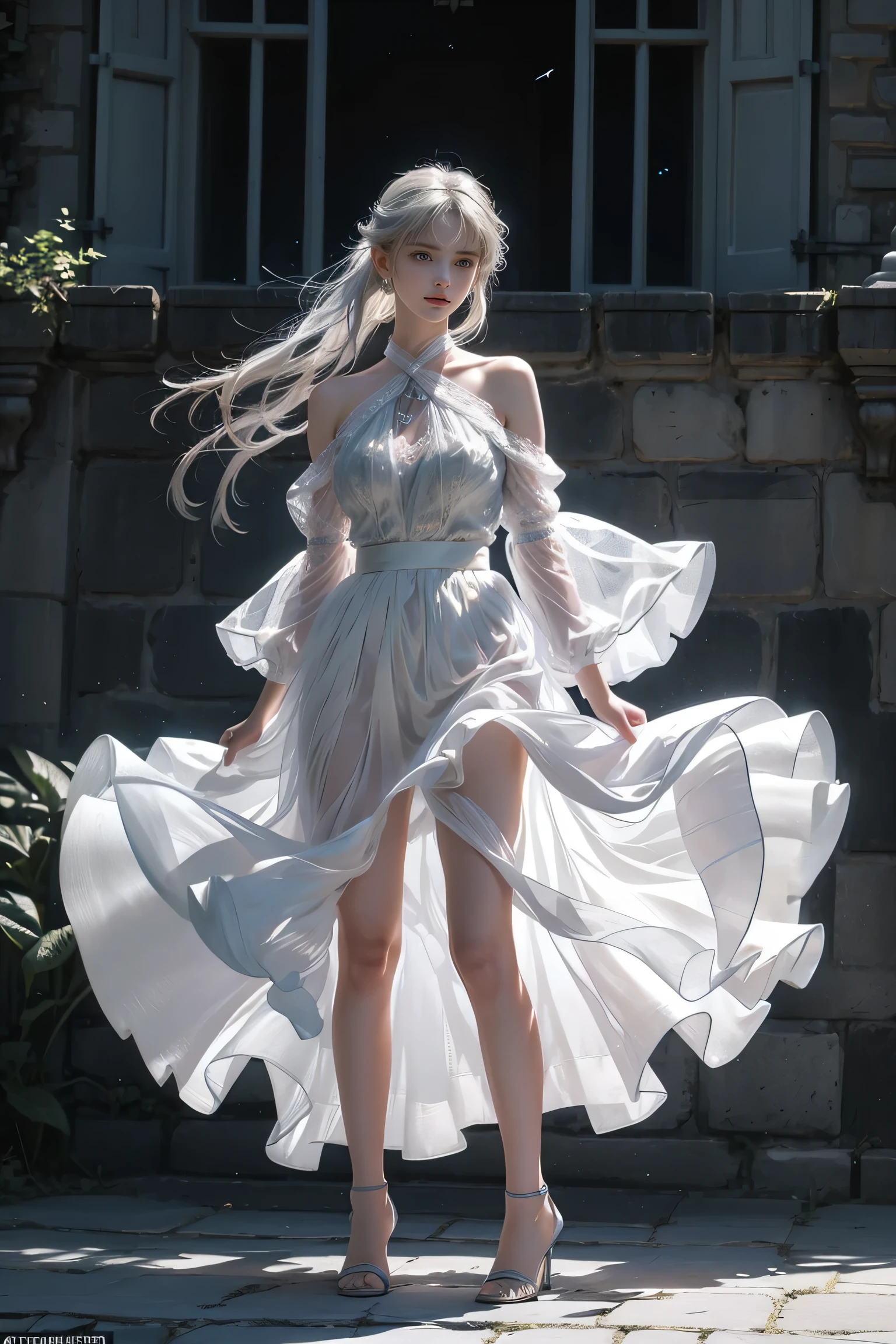 ((Girl standing in front of the castle wall))、Fluorescent color、One Girl、Look to the side、Beautiful Face、Beautiful Eyes、(Big Blue Eyes)（From the shoulder down：1。 2）、（Silver blunt hair）、Shiny Hair、Glowing Skin、Reduce glare、Finger Proportion Adjustment、Escrow、Butt viewpoint、Dynamic Angle、（（Master Parts））、（（Highest quality））、（（（Ultra Details）、（An illustration）、（Detailed light）、（Very delicate and beautiful）、Dramatic Shadows、Ray tracing、reflection、Ultra-high resolution、（（Master Parts））、（（Highest quality））、（（Ultra HD））。 Ultra-high resolution、((Colorful hair and mesh))、Her hair flutters in the wind、(Big deep blue eyes)、Silvery white hair、haired woman、Sparkling Butterfly、Sparkling Butterfly、黒haired woman、Points of light around the woman、Magical Aura、Green dot、The nature of the aura、Magical Aura黒haired woman、 ((Translucent blue one-shoulder dress： 1. 3)、(No sleeve)、((The skirt flutters up in the wind))、((An old European castle stands in the distance))、(Full Body Shot),(Long legs)、(High heels),