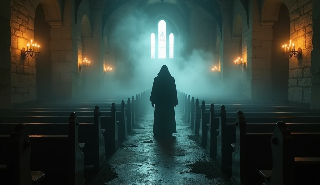 "The ghostly figure of a headless priest man, dressed in a priest's cassock, wandering through a dark church shrouded in fog. The benches around it are dirty and worn., creating a chilling and dark atmosphere." atmosphere of fear and horror