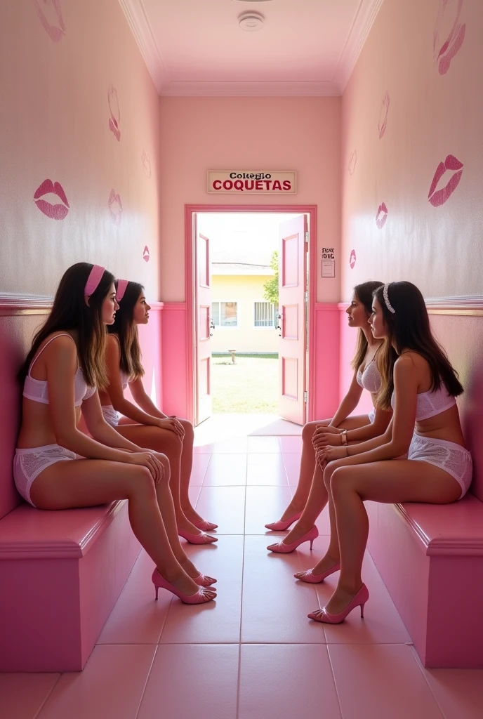 (photorealism:1.2) 
In a pink and white classic school hallway, At the end of the hallway there's a pink big school open door that leads to the school inside yard, A sign that reads the words "Colegio Coquetas" is over that door, and many drawings of 💋 can be seen on the walls, there are four 16-year-old sexy schoolgirls, all girls European white light skin, straight hair, all with cute pink headbands on their heads, all girls wearing sexy white lingerie, see-through fabric lingerie and pink high heels, The girls are sitting on a pink bench at the opposite side of the door, and looking facing at the door that leads to the school inside yard, 
View: Over the shoulder perspective photo, 
high resolution, masterpiece, best quality, intricate details, highly detailed, Hiperrealistic