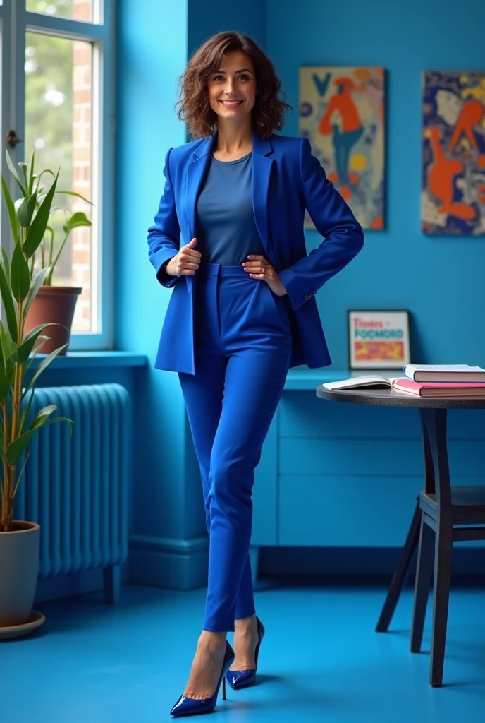 Make a picture of Montserrat Guibernau a Research Fellow at the Centre for Research in Ethnic Relations, University of Warwick. In a blue theme make her stand till i see her feet and make her more sassy
