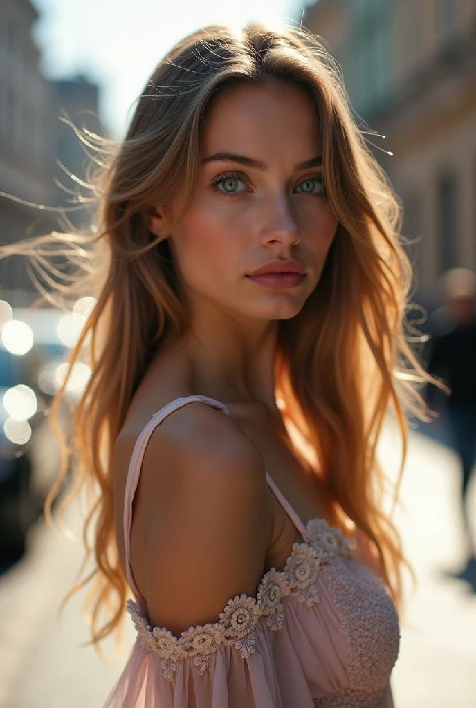 The beautiful Russian female model should be very realistic in the photo and stay a little away from the camera