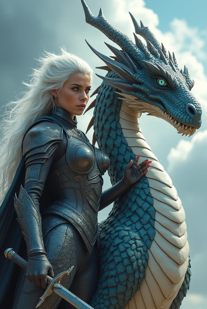 (((masterpiece, best quality, high detailed, 16k))) hake (1girl) A fierce dragon rider with wild, icy white hair and light blue-eyed. She wears a suit of dragon-scale armor that shimmers in shades of black and white, and a large sword is strapped to her back. She stands confidently beside her dragon, her hand resting on its massive neck. ((full body view))